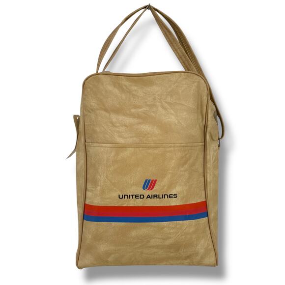 Vintage United Airlines Vinyl Carryon Stewardess Bag Tote Flight Beige Tan NOS - Picture 1 of 10